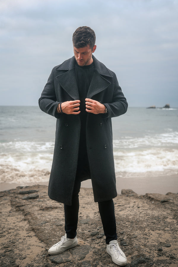 Double Breasted Coat - Black Herringbone