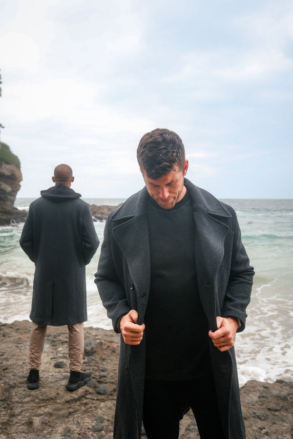 Double Breasted Coat - Black Herringbone